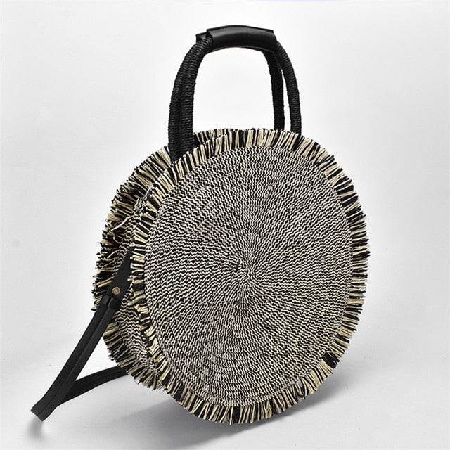 Black Woven Straw Handbag with Tassel